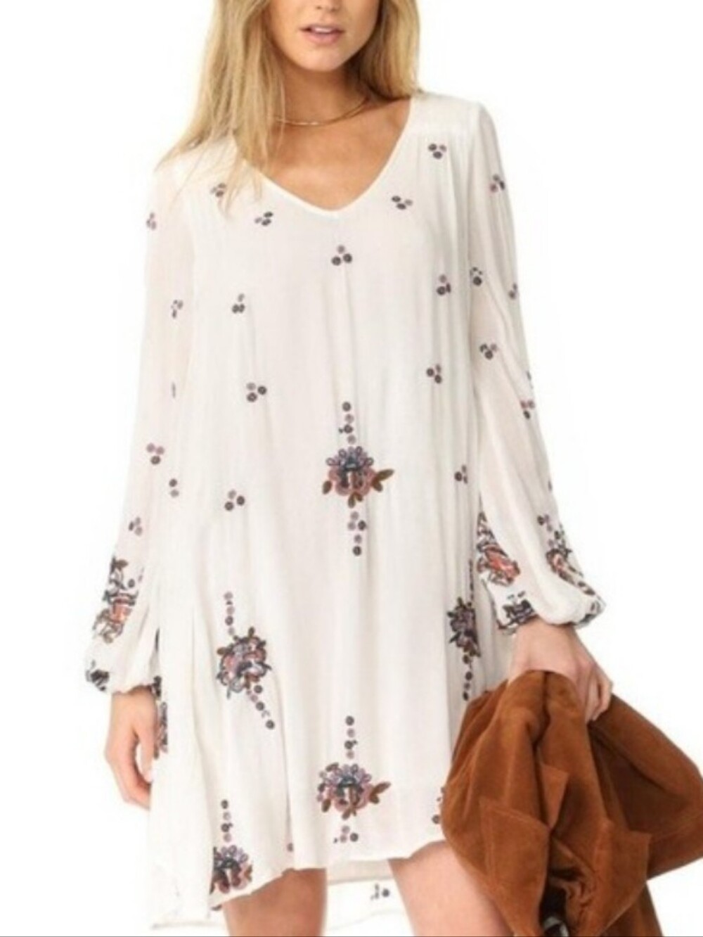 Free People white embroidered tunic swing dress with lantern sleeves